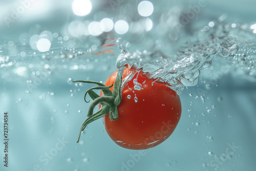 Fresh tomatoes splashing into clear water photo