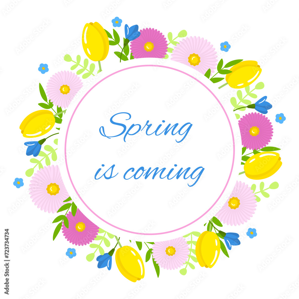 Vector spring flowers frame, wreath. Round frame with tulips and summer flowers isolated on white background. Spring illustration Vector spring flowers frame, wreath. Round frame with tulips and summer flowers isolated on white background. Spring illustration