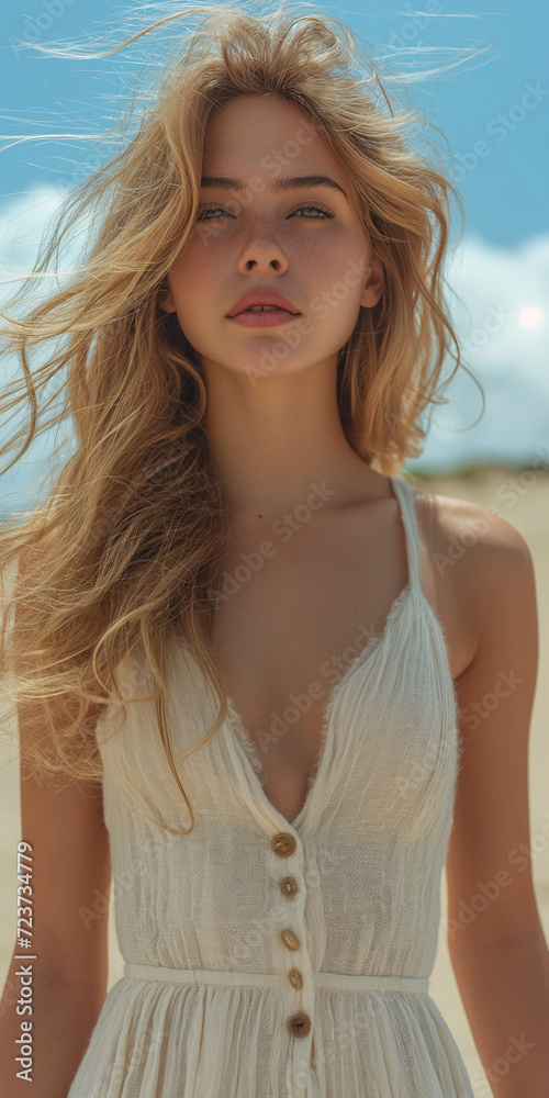 Sexy Frau mit langen fliegenden Haaren läuft im weißen Kleid am Strand Sexy Frau mit langen fliegenden Haaren läuft im weißen Kleid am Strand