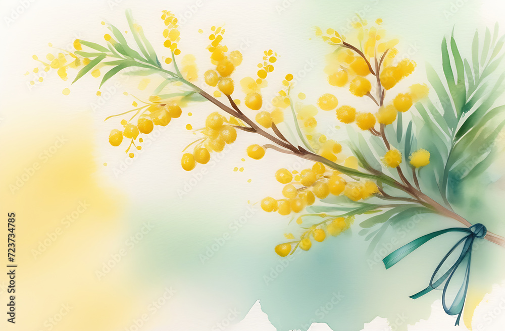Mimosa branch with ribbon painted in watercolor on a gentle background, postcard, greeting, invitation, label, women's day, mother's day, gift, letter Mimosa branch with ribbon painted in watercolor on a gentle background, postcard, greeting, invitation, label, women's day, mother's day, gift, letter