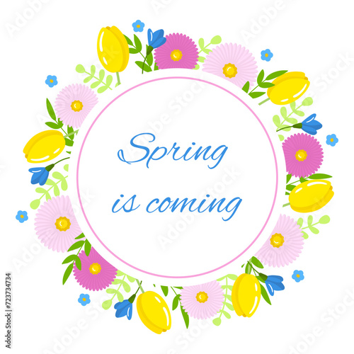 Vector spring flowers frame, wreath. Round frame with tulips and summer flowers isolated on white background. Spring illustration