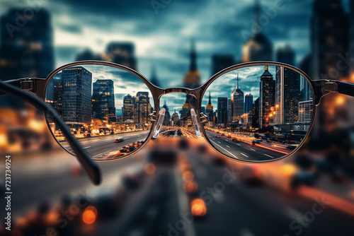 Urban Vision: Bright Cityscape Through Eyeglasses. Generative ai © Dima