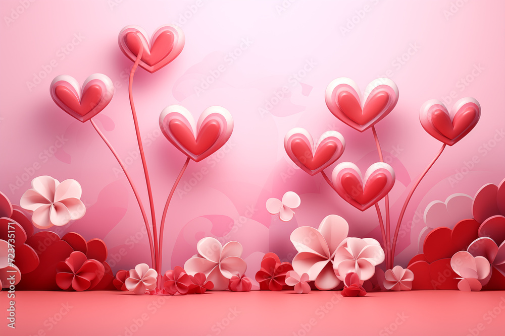 Pink background with hearts and flowers. Valentine's Day background. Generative ai