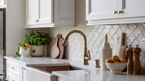 A stunning kitchen feature with ivory cupboards, a gilt spout, ivory marble surfaces, and a tan fence tile backsplash.