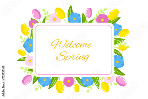 Vector spring flowers frame, wreath, border. Square frame with tulips and summer flowers isolated on white background. Spring illustration.