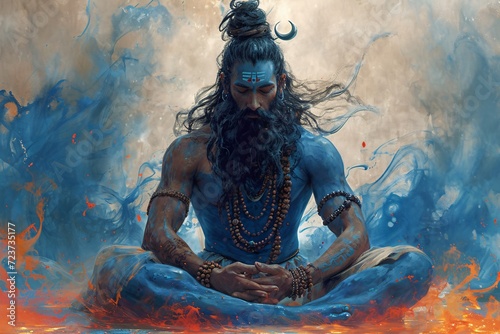 Guru Chakra: The Blue-Haired Guru Meditating in the Blue Moon Generative AI
