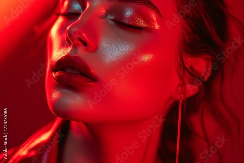 Portrait of a beautiful girl with red lips on a red background