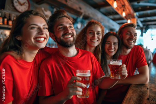  fans wearing in red shirts with beer glassesat a bar looking happy at soccer games