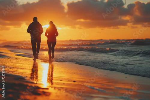 Mature couple doing sports on the beach at sunset