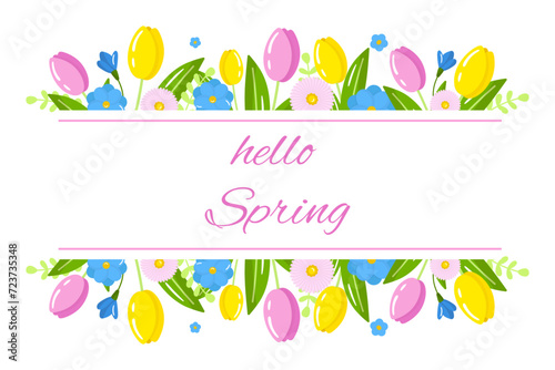 Vector spring flowers frame, wreath, border, banner template. Frame with tulips and summer flowers isolated on white background. Spring illustration.