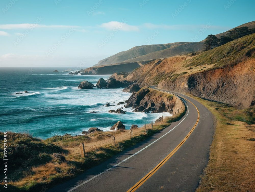 A breathtaking coastal road leading to the ocean, displaying stunning views. Filename: 00083 03 rl.