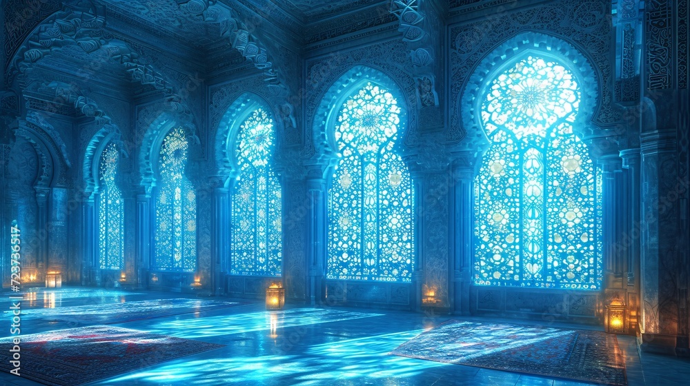 Glowing Blue Arches in a Grand Hallway: A Stunning Sight for the Full Moon Generative AI