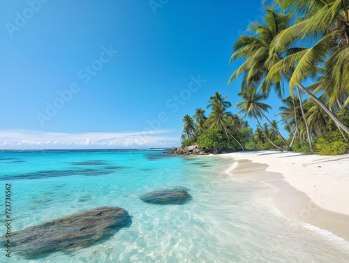 A tranquil tropical paradise featuring a pristine beach  crystal-clear turquoise waters  and a swaying palm tree.