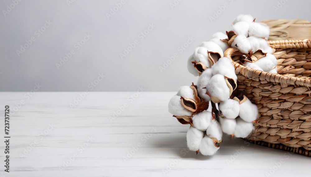 A Branch of fluffy cotton flowers and a wicker basket on a white wooden table; light gray background, side view