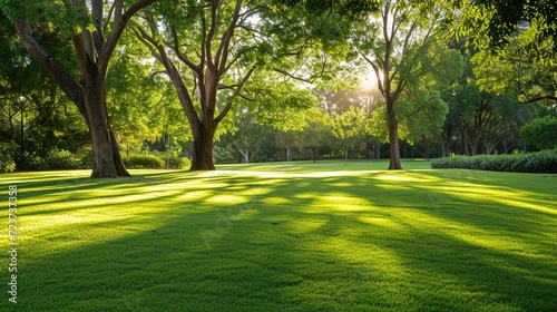Lush green grass and trees in the gentle morning sun at Horsham Botanic Gardens in VIC, Australia.