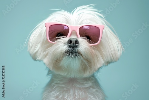 White dog in rose-colored glasses on blue background