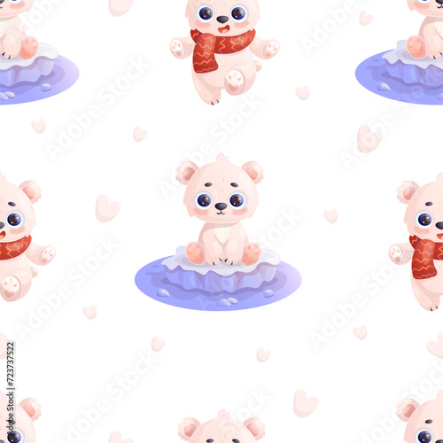 Seamless pattern with cute little polar bear on ice floe on white background. Vector illustration in cartoon style. Kids collection.