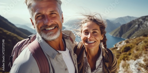 Senior tourist couple hiking and taking selfie at the beautiful mountains © Dzmitry Halavach