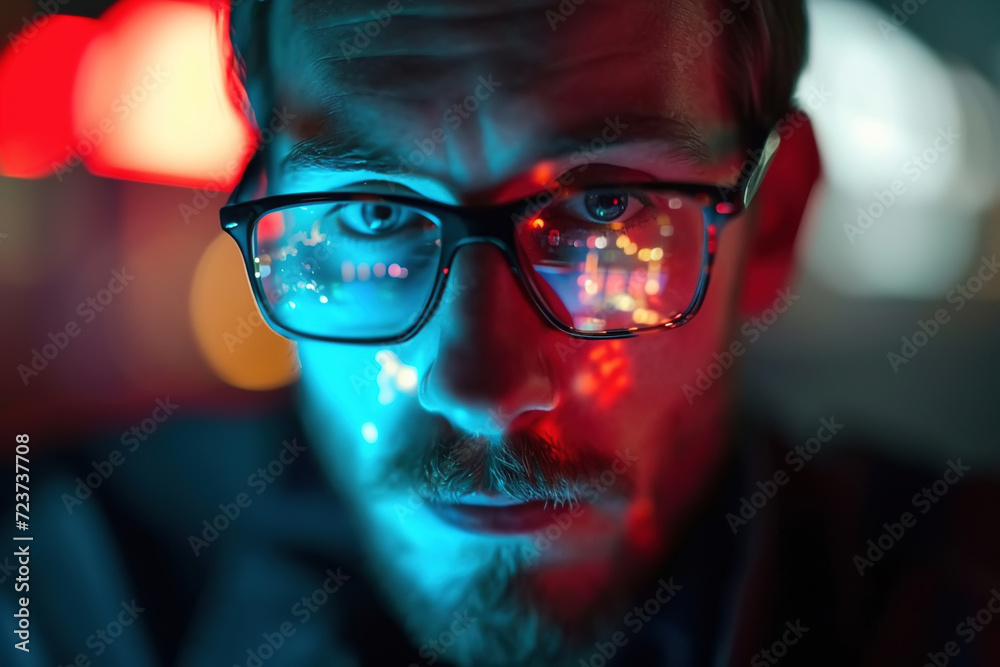 Front view of male face of businessman working at monitor in office, reflected in glasses Front view of male face of businessman working at monitor in office, reflected in glasses
