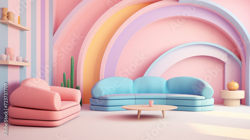 3d living room with futuristic seating and decoration in pastel colors