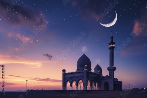 crescent moon and stars adorn the purplish-blue sky photo