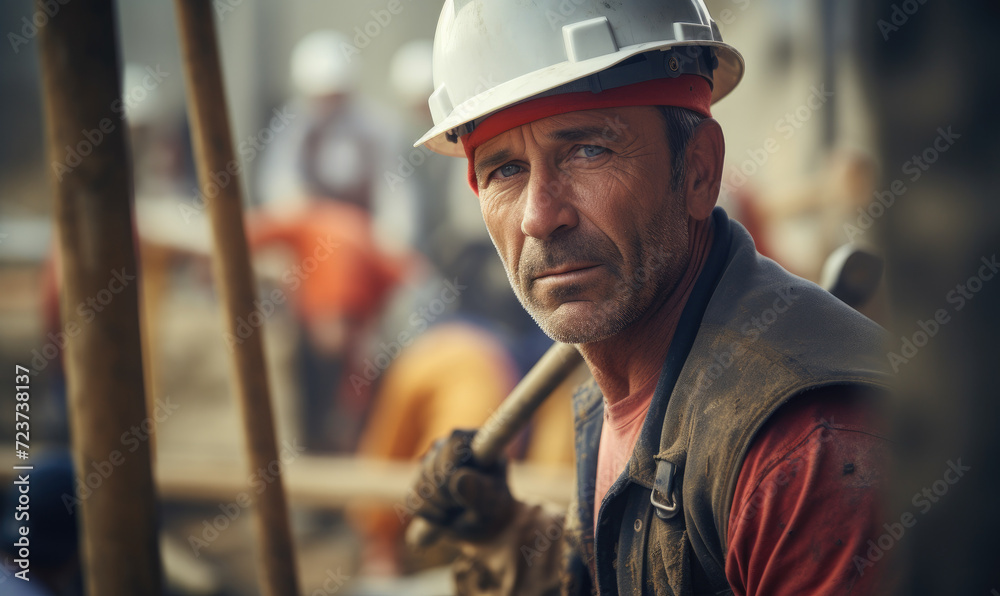 A low side angle portrait of a helmeted worker man looking at the camera