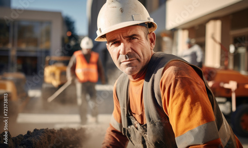 A low side angle portrait of a helmeted worker man looking at the camera
