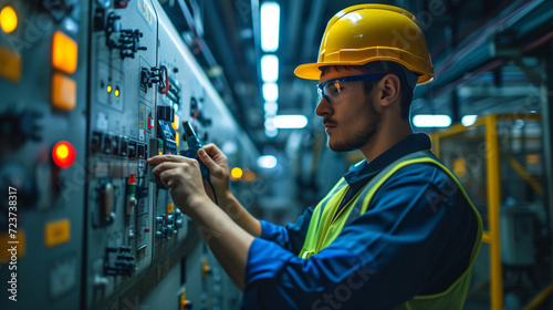 Seasoned electrical man engineer electrician in standard factory with Personal Protective Equipment (PPE), modern industrial work expertise and advanced technology concept photo