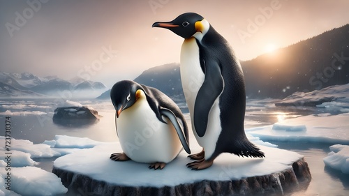 two  gentoo penguins standing on ice floe