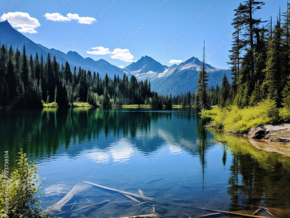 A tranquil lake nestled amidst majestic mountains and lush green forests under a clear blue sky.