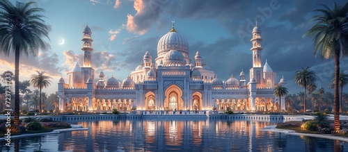 Glowing White Mosque with Blue Dome and Gold Dome Generative AI