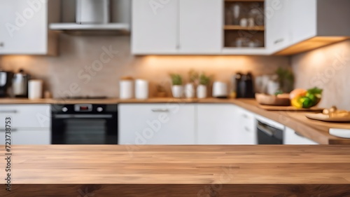 Wood table top on blur kitchen room background .For montage product display or design key visual layout. © monu