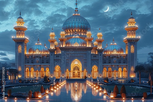 Glowing Blue Mosque at Night: A Stunning Sight for the Full Moon Generative AI