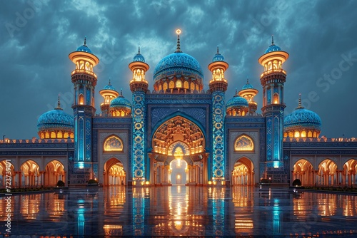 Glowing Mosque at Night: A Stunning Architectural Marvel Generative AI