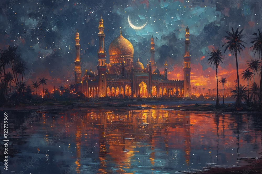 Glowing Moonlit Night at the Grand Mosque Generative AI - obrazy, fototapety, plakaty 