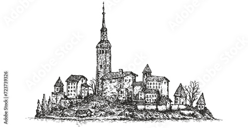 Sketch castle or medieval village on island isolated on white background. Hand draw composition in monochrome vintage style. Vector illustration.