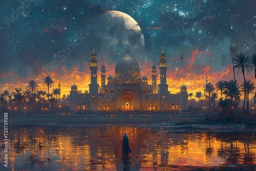 Glowing Moonlit Night at the Grand Mosque Generative AI