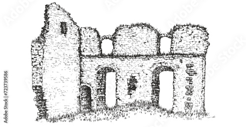 Hand draw ruins old building or ancient castle isolated on white background. Vector illustration in monochrome vintage style. Architecture sketch.