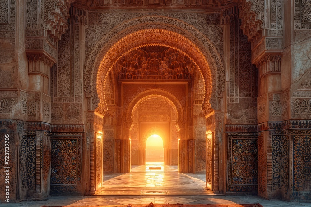 Golden Hour in the Grand Mosque: A Glimpse of the Sun's Rays Through the Arches Generative AI