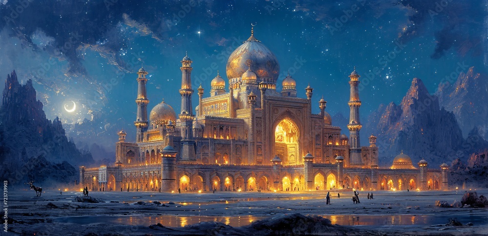 Glowing Nighttime Mosque: A Stunning View of the Grand Mosque in the Middle East Generative AI