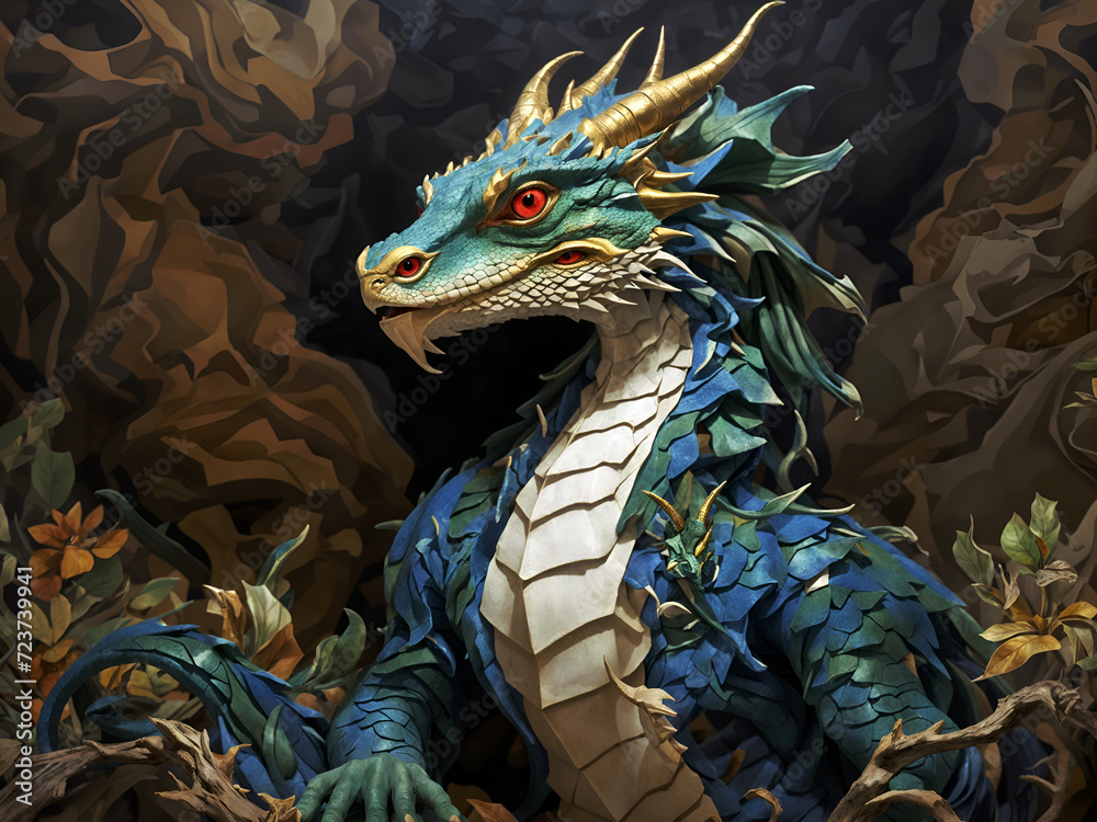 A blue and green dragon with red eyes, gold horns, and a white underside, sits on a branch in a dark cave. A blue and green dragon with red eyes, gold horns, and a white underside, sits on a branch in a dark cave.