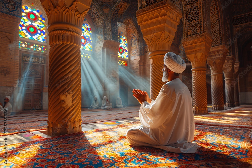 Sunlight Streams Through Stained Glass Windows: A Serene Moment in a Mosque Generative AI Sunlight Streams Through Stained Glass Windows: A Serene Moment in a Mosque Generative AI