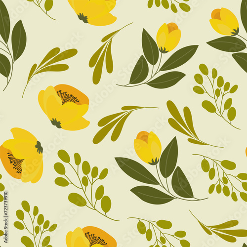 Seamless pattern, yellow tulip flowers and twigs with leaves on a light green background. Floral background, textile, vector.