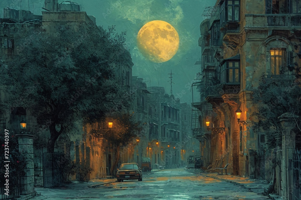 Obraz premium Moonlit Night in the City: A Rainy Evening in the Cityscape Generative AI