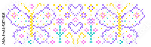 Pattern in cross stitch style with flowers, butterflies and hearts.