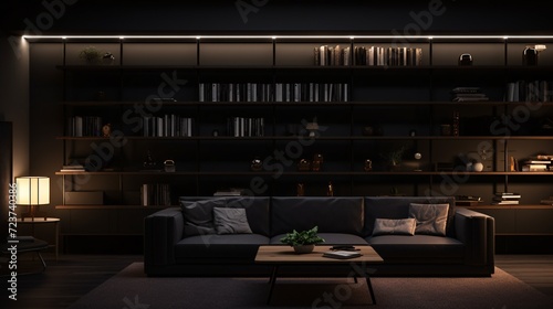 Dimly lit home space with sofa, shelves, and illuminated lights.