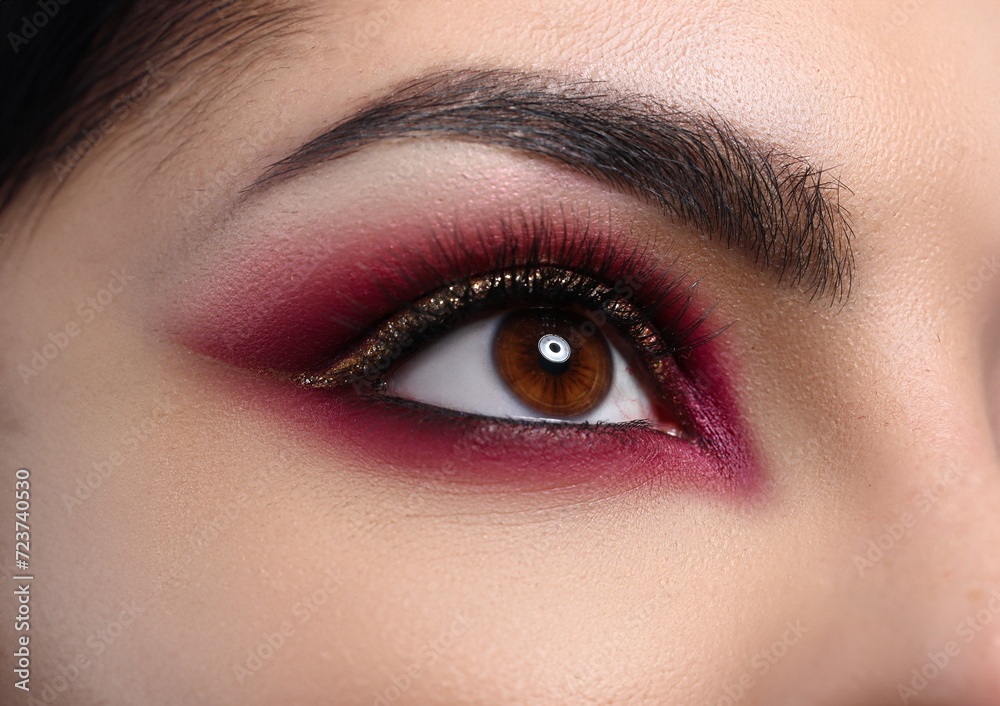 Obraz premium Close-up beautiful female eye decorated with makeup. Quarantine makeup training. Make-up option that is created for special occasion. Fashionable eye for events or for photo shoots