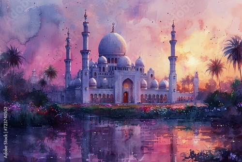 Pink Sunset at the Mosque: A Glimpse of the Islamic Architecture Generative AI