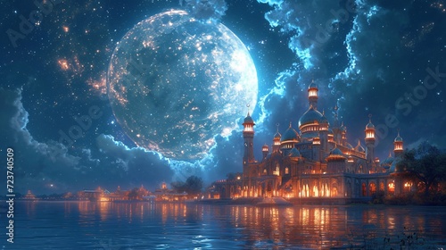 Leinwand Poster Moonlit Night at the Grand Mosque Generative AI