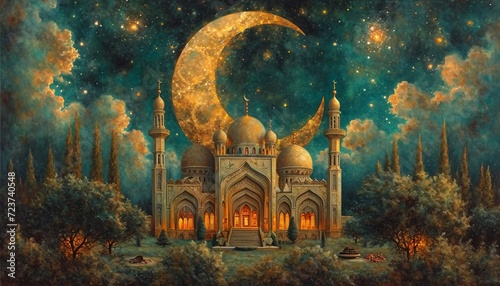 Moonlit Night at the Grand Mosque Generative AI photo